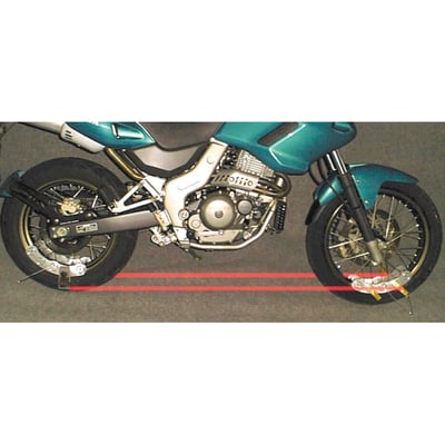 Used to check and adjust front & rear wheel alignment. After the rear wheel has been adjusted to be in line perfectly, the rear wheel can be used as the base to check if wheels are in line with each other. Includes 2 pairs of base mounts, brackets to hold the base mounts, 4 measure scales, 2 lasers and a carrier case. Measurements can be made in 2 minutes.