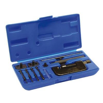 Breaks chains from #35 up to #630. Versatile enough for cam and drive chains. For 520 chains and up it is recommended to grind the rivet head. Includes 2, 3 and 4mm pins to fit most chains. This tool enables you to remove and install the press-fit side plates with ease. This  kit will fit rivet and masterclip style sideplates and regular and O-ring chains. A hammer or other uncontrollable force is not needed.
Note: For replacement parts see 547079 Extractor bolt, 547080 2mm pin, 547081 3mm pin, 547082 4mm pin, 547083 Rivet tip, 547102 Press plates