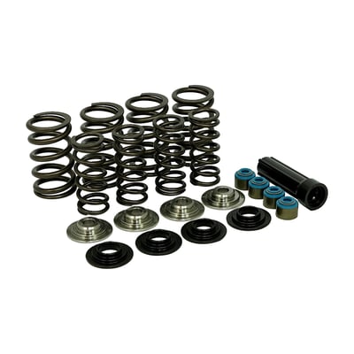 Includes titanium top collars, steel lower, reverse wound multiple parts inner & outer performance spring set, early style oiil seals and a oil seal installer tool. Manley recommends the use of the included earlier style Viton oil seals and not the oil seal-lower collar set-up as used by The Factory. Pressure: 180lbs@1.800", 400lbs@1.150". Coil bind 1.085".