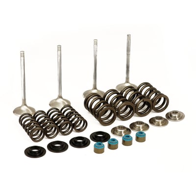 Titanium top collars. Standard size replacement, installs without machining. Kit includes Race Master valves, performance double spring assemblies, steel or titanium top collars and a complete set of Manley's fully machined chromoly valve keys. Race Master valves are manufactured of stainless XH-426 for exhaust and stainless NK-842 for intake and offer great ultimate tensile strength, combining superior quality at a competative price. Okay for stock or racing upto 8000 RPM.