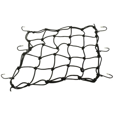 Approx. dimensions: 12" (30.5cm) x 17" (43.2cm). Stretchable. Universal coated cargo net. Complete with 6 rubber coated hooks that will let you secure helmets, rain clothing or any other luggage you need to haul on your bike. 
OEM replacement reference 98169-88T.
