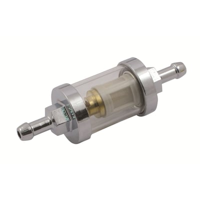 For 1/4" ID (6.35mm) fuel lines. 
One of the most universally used fuel filters. Equipped with a glass lens that will, unlike plastics, remain clear.
