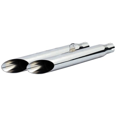 Sportster muffler set, 18-1/2" (47 cm) long, with 1 3/4" (4.4 cm) inlet and 2-3/8" (6 cm) outside diameter. Fits stock head pipes. The baffles are removable.