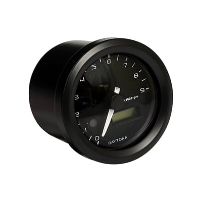 Black face plate. 
Black housing. 
With button interchangeable white, blue and orange LED illumination. 
Tachometer is connected to the ignition coil. 
Note: Instruments are not water proof but water resistant. Rubber mounting is advised on some bikes to help avoid excessive vibration.
Note: With approval. Check your local MCS dealer or the MCS sales department for exact type of approval and validity on bike model and years on the test report. 