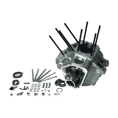 S&S Superstock™ crankcases, made from 356-T6 aluminum, are much stronger than the OEM case. OEM cases can/may break in high performance or even stock applications, like more than a few of us found out the hard way. These S&S Superstock™ cases can be used for both stock replacement and racing applications. Important to the engine builder are the substantial savings in labor when using S&S cases. These cases come 'set up' with sprocket shaft Timken main bearing races and cam needle bearings installed and pinion shaft main bearing race pressed in and line-honed. Additional parts that are supplied include Timken sprocket shaft bearings, cylinder studs, nickel plated case bolts, crankcase fittings, oil pressure sensor, timing & magnetic crankcase drain plugs and a special S&S design alternator stator plug clamp screw. The flywheel scrapers are machined to match the original 8-1/2" diameter flywheels. S&S cases maximize crankcase oil scavenging efficiency by using a 'ported' design breather passageway. S&S cases are clearanced up to and including 5", no additional clearancing for strokers will be necessary. S&S cases come complete with assembly instructions. 

Note: For 92-99 crankcases a 92-99 OEM (26053-92) or S&S (MCS 519924) oil pump must be used. 
Note: In any and all applications the technician must be able to judge components for their suitability in combination with the other engine components, prior to installation. It is of importance that a knowledgeable mechanic will install & make adjustments as required.