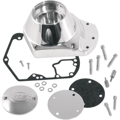 Takes all stock style electronic as mechanical advanced points ignition. Manufactured from CNC machined billet aluminum, making it a precision and high strength gear cover. Standard equipment on S&S polished Evo engines but will fit stock engines. 

Note: Chrome plated billet point cover and gaskets are included.