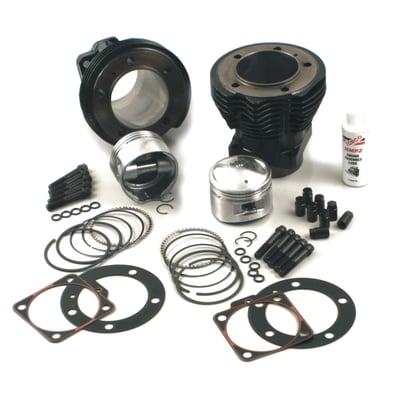 Fits all 79-84 stock 1340cc Shovelheads. Fits 66-78 1200cc Shovels custom equipped with 4-1/4" stroke flywheels (standard 1200 is 3-31/32" stroke). Comes complete with std length gloss black 3-5/8" Big Bore cylinders, forged pistons, rings, wrist pins, head/base gaskets and cylinder head bolts and cylinder base nuts. 7-3/4:1 Compression ratio. This kit combines power from the larger capacity and a very good engine life through the stock 1340cc Harley stroke and moderate compression ratio.
Note: Crankcase spigots must be bored for 3-5/8" cylinders.