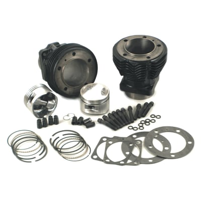 The most popular large capacity option for 66-84 Shovelhead models. This kit gives both dependability and a good performance increase. Must be used with 4-1/2" stroker flywheels. Comes complete with +.124" (5.405") 3-5/8" big bore gloss black cylinders, forged pistons, rings, wrist pins, head/base gaskets and cylinder head bolts and cylinder base nuts. Compression ratio around 8.2:1. Engine life can be expected to be very good/good, strongly depending on riding habits.
Note: Crankcase spigots must be bored for 3-5/8" cylinders.
Note: 4-1/2" stroker flywheels (MCS 512368) must be purchased separately.