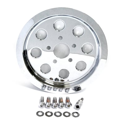 Chrome plated steel. Fully covers the OEM rear wheel pulley on the outside. Gives the pulley that full-chrome appearance.