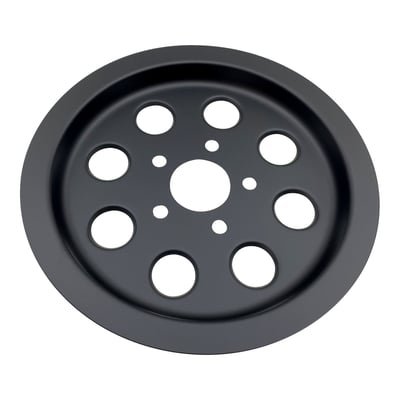 Matte black. Fully covers the OEM rear wheel pulley on the outside. Gives the pulley that black-out appearance.