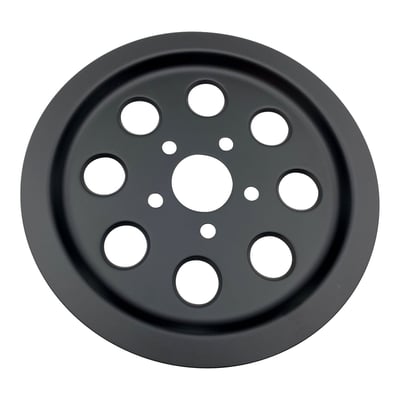 Matte black. Fully covers the OEM rear wheel pulley on the outside. Gives the pulley that black-out appearance.