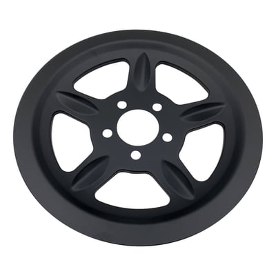 Matte black. For 68T pulleys. Fully covers the OEM rear wheel pulley on the outside. Gives the pulley that black-out appearance.