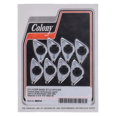 Chrome plated steel. Reproduction of OEM 16836-78 spacer. Used between cylinder base and base nut.
