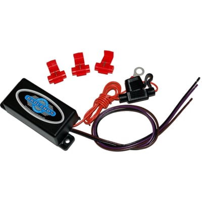 - Used to provide running light function for front turn signals only 
- Hard wired 
- Prevents rapid-flashing turn signal indicators 
- Prevents BCM triggering trouble codes when non-compliant turn signals are installed 
- Load equalizer is built-in 
Note: Module will work with CAN-bus controlled bikes only.
