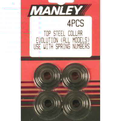OEM style replacement precision machined steel valve spring top collars.
Note: Manley suggests the use of 513888 titanium top collars on high lift applications. They provide increased strength and reduced inertia mass which allows you to run higher R.P.M.'s without valve float.