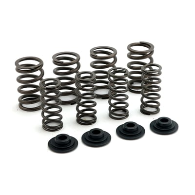 Steel top collars and a spring set. Can be used as a direct replacement from stock up to .550" lift. Machining is not required. Pressure: 180lbs@1.800", 360lbs@1.250". Coil bind: 1.020".
Note: Includes top collars and springs only. Other components must be re-used.