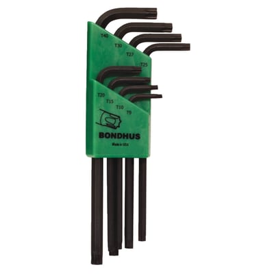 Torx sizes. 8-piece set. USA made professional GorillaProof™ quality. 
The ball side of these torx wrenches will allow you to work under an angle. Comes complete with plastic holder.
Sizes include: T9, T10, T15, T20, T25, T27, T30 and T40.