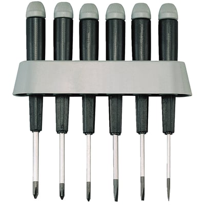With 3 x Phillips & 3 x Slotted screwdrivers. 6-piece set. Incl. Regular: 2.0 x 40mm, 2.4 x 40mm, 3.0 x 40mm. Incl. Philips: PH00 x 40mm, PH0 x 40mm, PH1 x 40mm. Complete with holder for wall mounting.