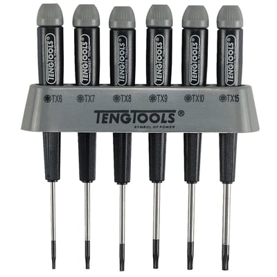 Torx. Incl.: TX6, TX7, TX8, TX9, TX10 and TX15 sizes. Set of 6 mini TX type screwdrivers for internal Torx heads. Complete with holder for wall mounting.