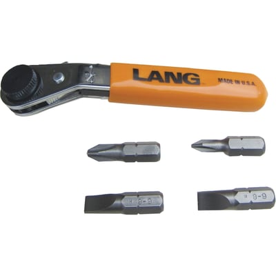 25° reverse-offset head, incl. 4 bits. Std tooth. Mini reversible ratcheting wrench with very small (11cm overall length) dimensions. Accepts all regular 1/4" bits. Tool includes slotted (screwdriver) and Phillips bits.