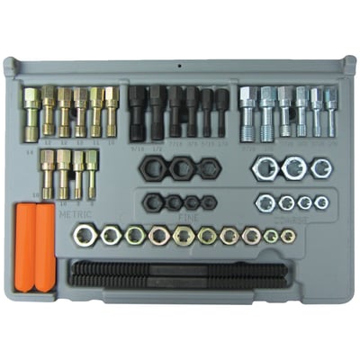 Used to restore damaged internal and external threads. Special threaded restoring taps and dies ensure a good result and are safer in restoring threads than using regular thread cutting taps and dies. Regular cutters are sharper and can easily damage existing thread. USA made. 
Note: Not suitable for cutting new threads. 
48-piece US sizes & Metric sizes restore kit. 
Contains: 
UNC & UNF dies in sizes: 1/4, 5/16, 3/8, 7/16, 1/2, 9/16, 5/8. 
UNC & UNF taps in sizes: 1/4, 5/16, 3/8, 7/16, 1/2, 9/16. 
Metric taps & dies in sizes: M6x1, M8x1.25, M10x1, M10x1.25, M10x1.50, M11x1.50, M12x1.25, M12x1.50, M12x1.75 and M14x1.50. 
1x Metric & 1x SEA thread restore file (8 sizes).
