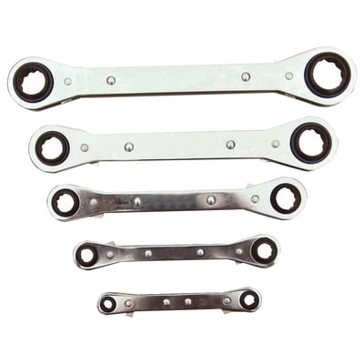 On regular accessible bolts a nut can be tightened or loosened up to 5 times faster than with a conventional wrench.
5-piece ratcheting box end wrench set.
Incl. 7x8, 9x10, 11x12, 13x14 and 15x17mm.