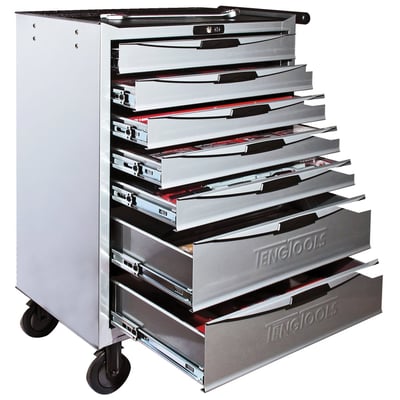 Tools and storage for the professional workshop. Includes a professional high quality silver colored tool chest, with 6 ball bearing equipped drawers, and the Teng Master Tool Set, which contains almost 400 pieces of high quality tools. The tool set is composed with US sized tools biased towards the Harley-Davidson® and custom motorcycles. Dimensions: 67 x 46 x 95 cm.