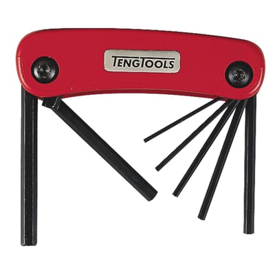 US sizes; 7-piece; Includes: 1/16, 5/64, 3/32, 1/8, 5/32, 3/16, 7/32 inch hex keys. Chrome vanadium. Retractable in ergonomic plastic handle.