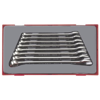 USA sizes. 7-piece set. 13/16, 7/8, 15/16, 1 1/16, 1 1/8 and 1 1/4 inch. With a box (12-point ring) end on one side and a open end on the other side. Box end heads are set at a 15 degree angle. With identical sizes on both ends. Includes metal tray.