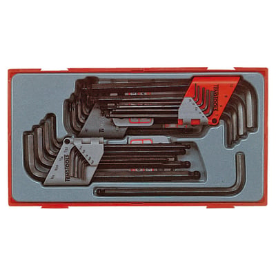US, Metric and Torx sizes. 28-piece. Includes 3 sets. Allen head ball point, 7mm. US allen (5/64" - 3/32" - 1/8" - 5/32" - 3/16" - 7/32" - 1/4" - 5/16" - 3/8"), metric allen (1.5- 2 - 2.5 - 3 - 4 - 5 - 6 - 8 - 10 mm) and Torx (8 - 9 - 10 - 15 - 20 - 25 - 27 - 30 - 40). Comes in carrier box.