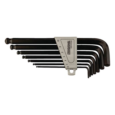 Metric sizes. 7-piece set. Incl. 2.5, 3, 4, 5, 6, 8 and 10mm. With ball-end on one side to make working under an angle possible.
