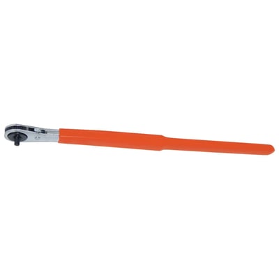 Used to install / remove the front exhaust bracket on Dyna and Softail Twin Cam models. Reversible ratcheting wrench with a low profile and replaceable shortened T-27 Torx bit.