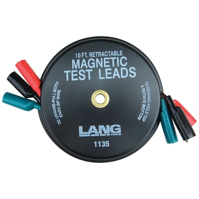 Used to test electrical connections. Retractable test lead pulls out, and stays at desired length. Includes insulated alligator clips. Rewinds in protective case when not in use. With 18 gauge (ø1.02mm / 0.82mm²) copper wire. 
Magnetic housing. 
3 x 10 feet red/green & black wires.
