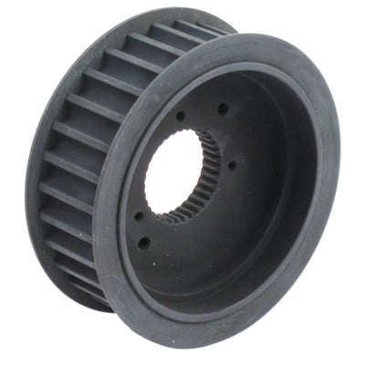 Steel. Stock pulley has 32T. This 30T pully will increase RPM for quicker acceleration and overall more low speed strength. 