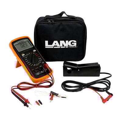 Automotive orientated with ACV/DCV, ACA/DCA, resistance, diode, frequency, continuity, temperature. RPM measurement, dwell reading, duty cycle. Includes inductive pickup/carrying case, thermocouple probe and test leads. Dimensions 9.375"  x 8.063"  x 3.875" (23.8cm x 20.5cm x 9.8cm).