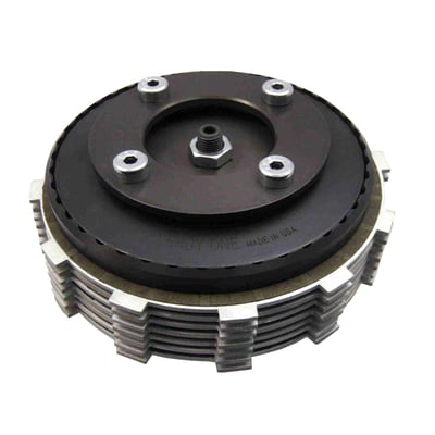 With 'balls' lock-up pressure plate. Complete clutch pack that will fit the OEM clutch basket. Offers over 60% more friction area than the stock clutch. The 'Balls Pressure Plate' incorporates 42 steel balls that, by way of centrifugal force, will aid clutch springs in pressure. More RPM = more pressure for great clutch hold with Big Inch motors, but still giving a significantly lighter pull at the clutch lever.
Note: For replacement parts see 518955 for the Aramid friction plate set (7), 518954 for a .120" steel drive plate (1) and 518987 for .059" steel drive plate set (6).