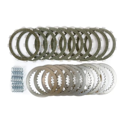 Set of 10 friction plates, 9 tempered steel drive plates and 5 Zero-Crush coil type clutch springs. 
This extra plate set provides additional friction surface area, for less heat & increased grip in high performance applications. 
Friction plates are made with Aramid friction material which is bonded to a 6061-T6 aluminum backing plate. 