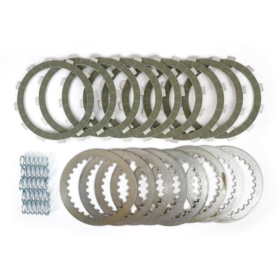 Set of 9 friction plates, 8 tempered steel drive plates and 5 Zero-Crush coil type clutch springs. 
Friction plates are made with Aramid friction material which is bonded to a 6061-T6 aluminum backing plate. 
OEM style upgrade replacement. 