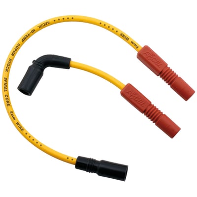 Yellow wires with black print. With black plug boots and coil boots. Ready to install. Low resistance 500 Ohm/ft. Ferro Spiral core, for maximum energy delivery, with a 8mm thick silicone jacket. The silicone insulation effectively eliminates RFI and EMI interference for a interrupt-free functioning of all on-board electronics. Fully compatible with both carburetor as the Delphi fuel injection systems. High temperature boots withstands over 500°F.

Note: Compatible with all H-D ignition systems. If you have an aftermarket ignition, please check with manufacturer ohm requirements.
