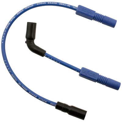 Blue wires, with light blue print. With black plug boots and coil boots. Ready to install. Low resistance 500 Ohm/ft. Ferro Spiral core, for maximum energy delivery, with a 8mm thick silicone jacket. The silicone insulation effectively eliminates RFI and EMI interference for a interrupt-free functioning of all on-board electronics. Fully compatible with both carburetor as the Delphi fuel injection systems. High temperature boots withstands over 500°F.

Note: Compatible with all H-D ignition systems. If you have an aftermarket ignition, please check with manufacturer ohm requirements.