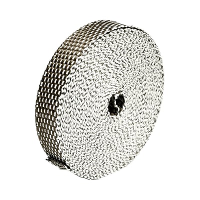 Platinum colored. 1/16" (1.6mm) thick. 50ft. roll (approx. 15.25 meter). Looking for that extra edge in performance? Cooling exhaust gasses lose velocity and scavenging effect is reduced. This exhaust insulating wrap will improve horsepower by optimizing the thermal efficiency of the exhaust, and protects from nasty burns, in one go. Asbestos free. 

Note: Wrap ends can be secured with universal metal tie-wraps. 
Note: Material will discolor under influence of heat after installation.