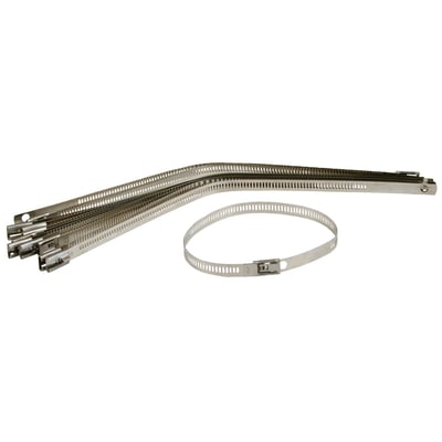 Stainless. 9" (23cm) long. Multi-Purpose stainless steel fasteners, also called tie-wraps, locking ties, cable ties, wrap ties. Ideal to secure exhaust insulating wrap. Easy to use slide-through system.