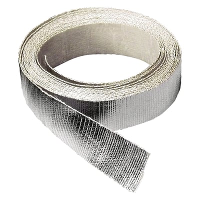 1 1/2" (38mm) wide x 15ft. (7.5 meter) roll. Heat barrier tape. Adhesive backed composite construction tape. Reflective foil tape for protecting heat sensitive parts. Easily wraps around wires and lines for up to 90% of radiant heat protection up to 2000°F (1093°C). 
Note: Do not use on exhaust.