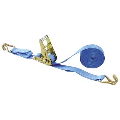 Freight tie-downs with ratchet. 25mm wide. Capacity 3000kg. With steel J-hooks. Length 6 meter.