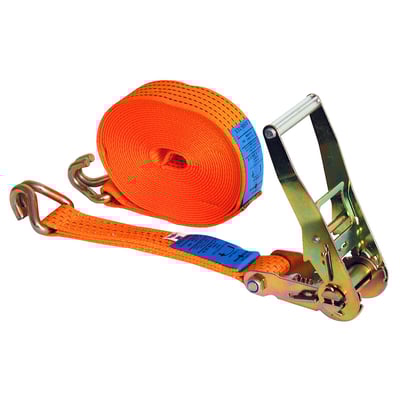 Freight tie-downs with ratchet. 50mm wide. Capacity 5000kg. With steel J-hooks. Length 8.5 meter.