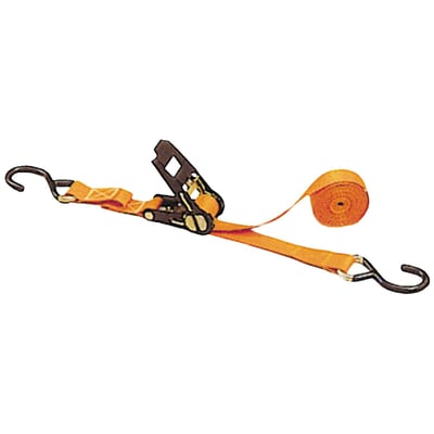 With ratchet and steel S-hooks. 25mm wide. Capacity 750kg. Length 5 meter.
