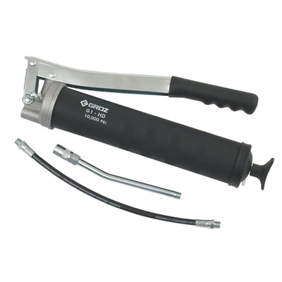 Regular dual hande grip. Up to 10000 psi. (689 bar). Heavy duty grease gun with deep knurling for a non-slip grip. The slip joint allows up to 5.5mm fittings.
