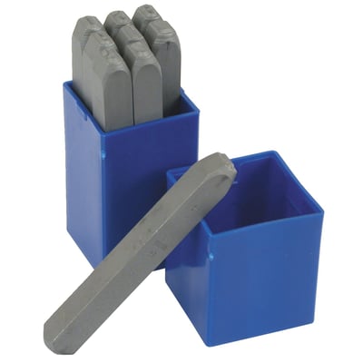 9 piece. Includes #0, 1, 2, 3, 4, 5, 6, 7 and 8. Character height 6mm. Hardened steel. In plastic box.