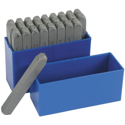 27 piece. Latin alphabet. Character height 6mm. Hardened steel. In plastic box.