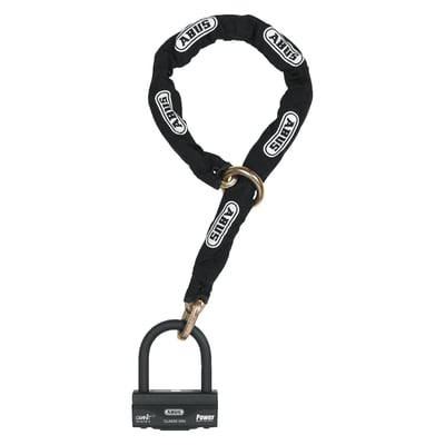Security level 19. Combination of the Granit 58 padlock with 16mm shackle and the 12mm 12KS120 black loop chain. The padlock shackle dimensions are: 100mm Inside length of shackle x 83mm inside width of shackle x 16mm shackle thickness.